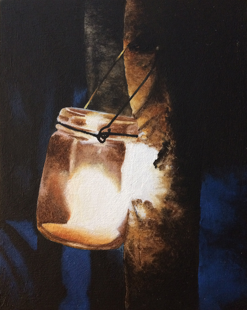 An acrylic painting of a candle in a jar hanging by a tree