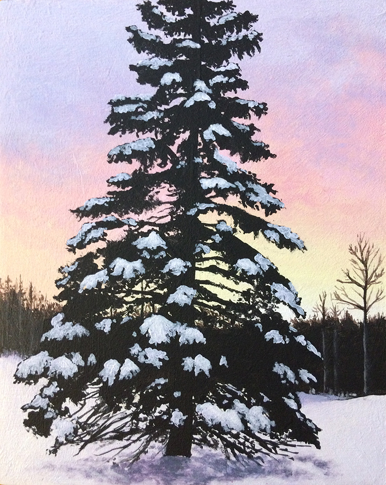 An acrylic painting of a snow-covered tree at sunrise