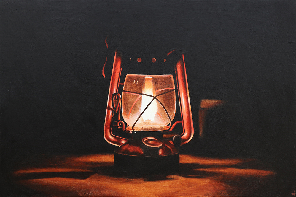 An acrylic painting of an oil lantern in darkness