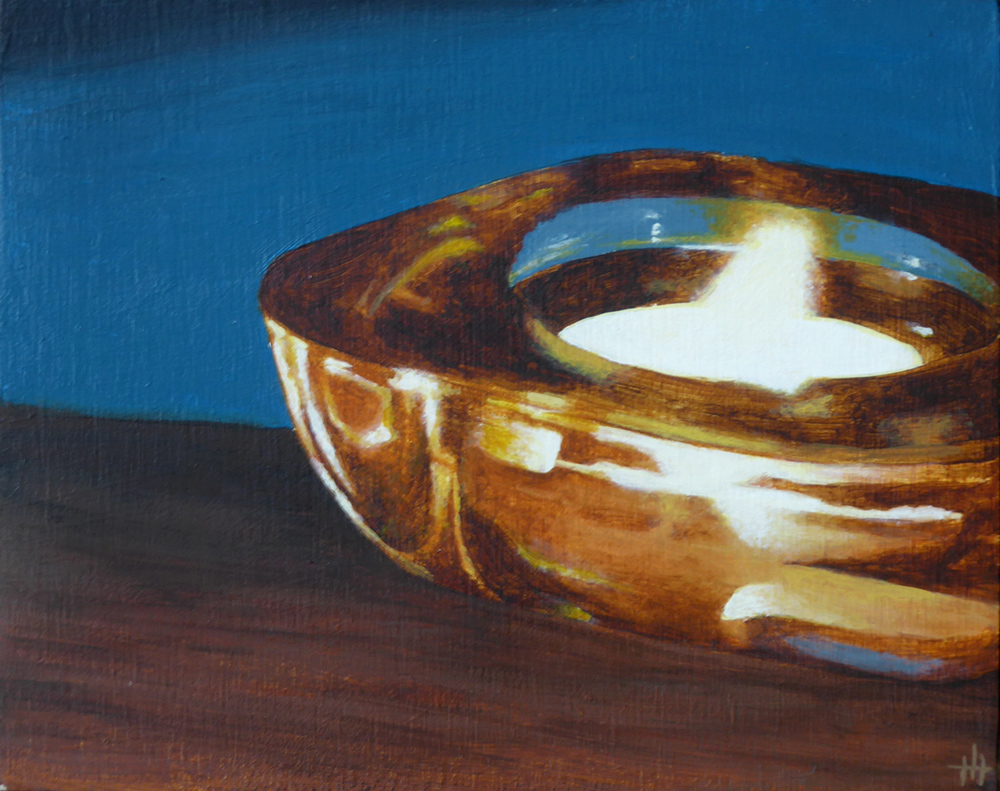 An acrylic painting of a candle in a glass holder
