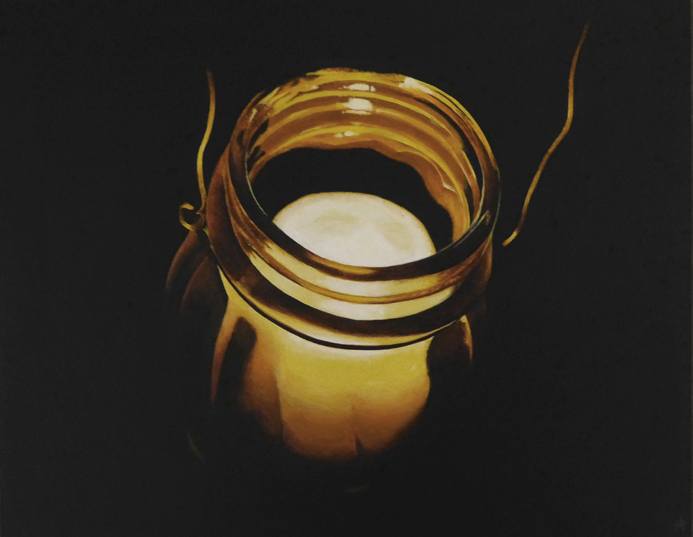 An acrylic painting of a candle in a hanging jar