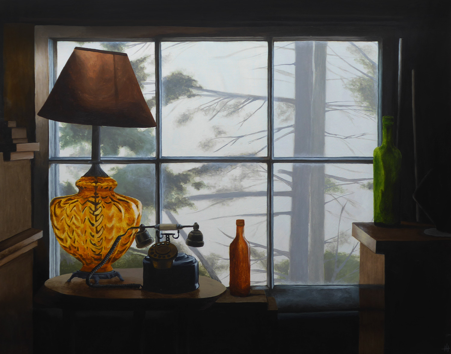 An acrylic painting of an old antique shop window with lamp and bottles