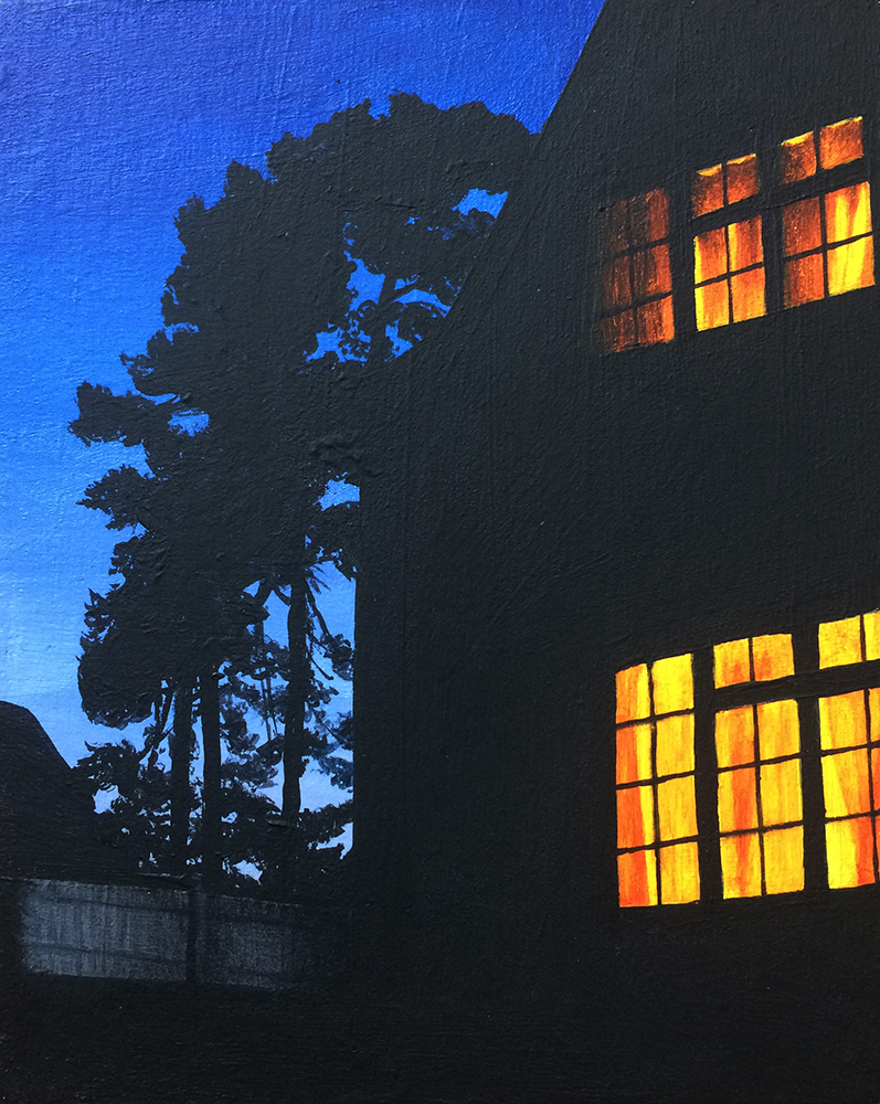 An acrylic painting of a house at night