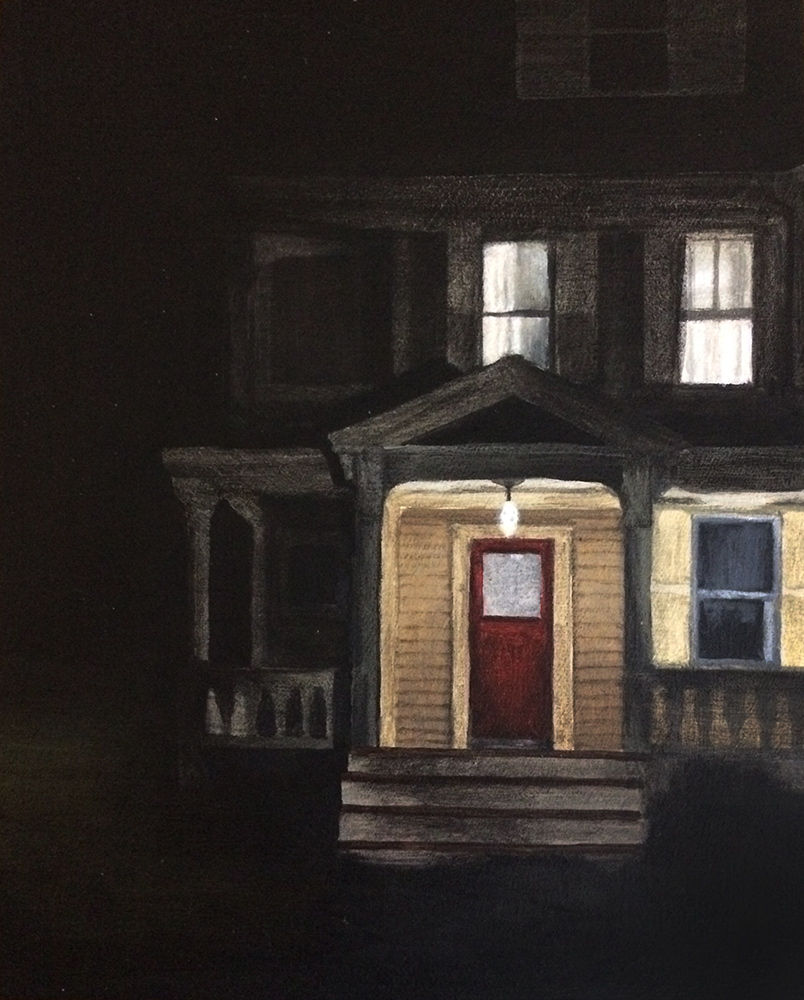 An acrylic painting of a large house at night