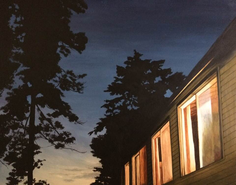An acrylic painting of a cottage at sunset