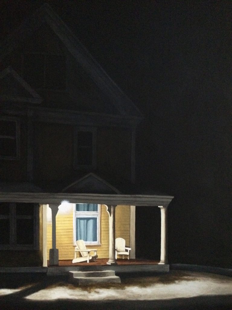 An acrylic painting of a house at night with the porch light on