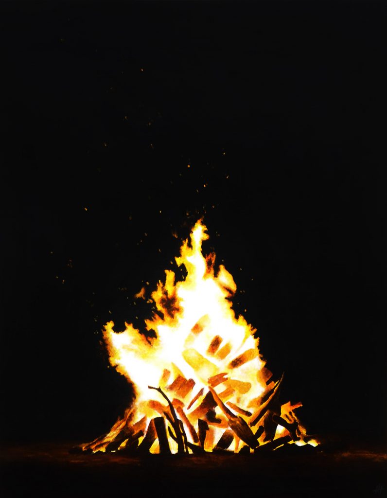 An acrylic painting of a large bonfire