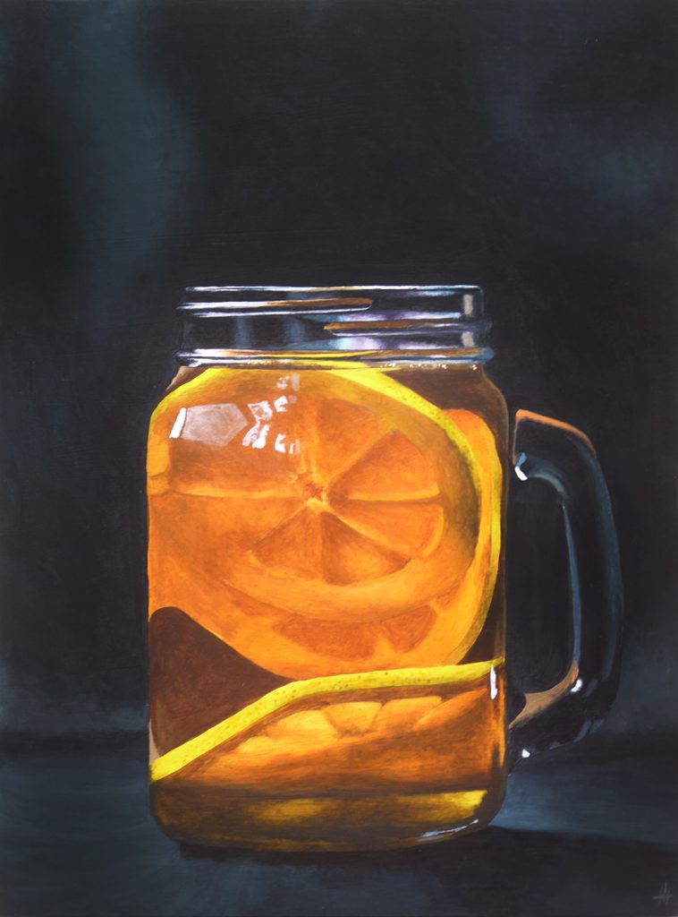 An acrylic painting of orange slices floating in a glass of water