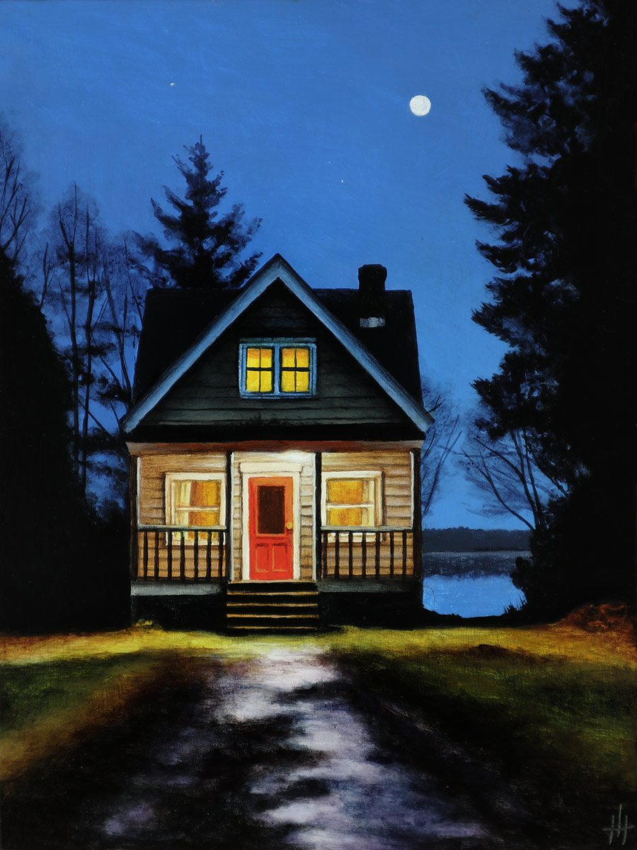 Beaver Lake Cottage - painting of a lakefront cottage at night